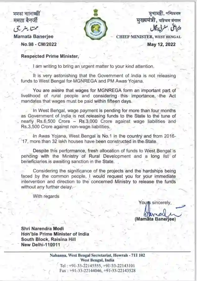 Mamata Banerjee writes to Prime Minister Narendra Modi